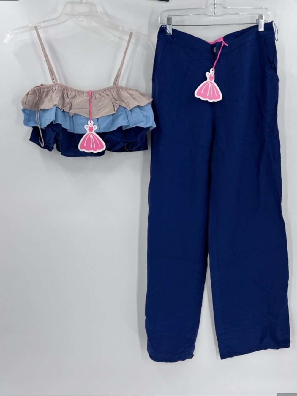 Dress Day NWT Ruffled Tiered Crop Top & Wide Leg Pants Set Navy Multi Size M DD6